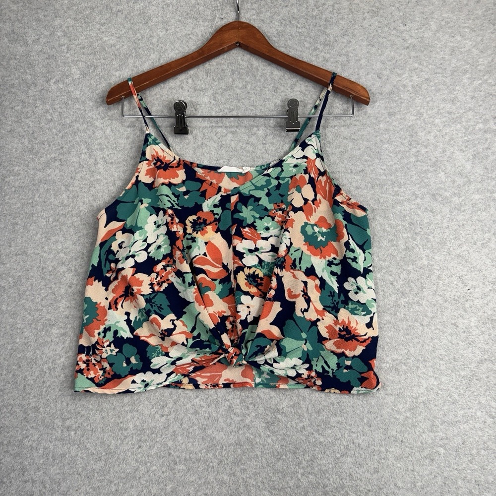Lush Floral Crop Tank Top Size M Navy Teal Coral Twist Hem Spaghetti‎ Strap